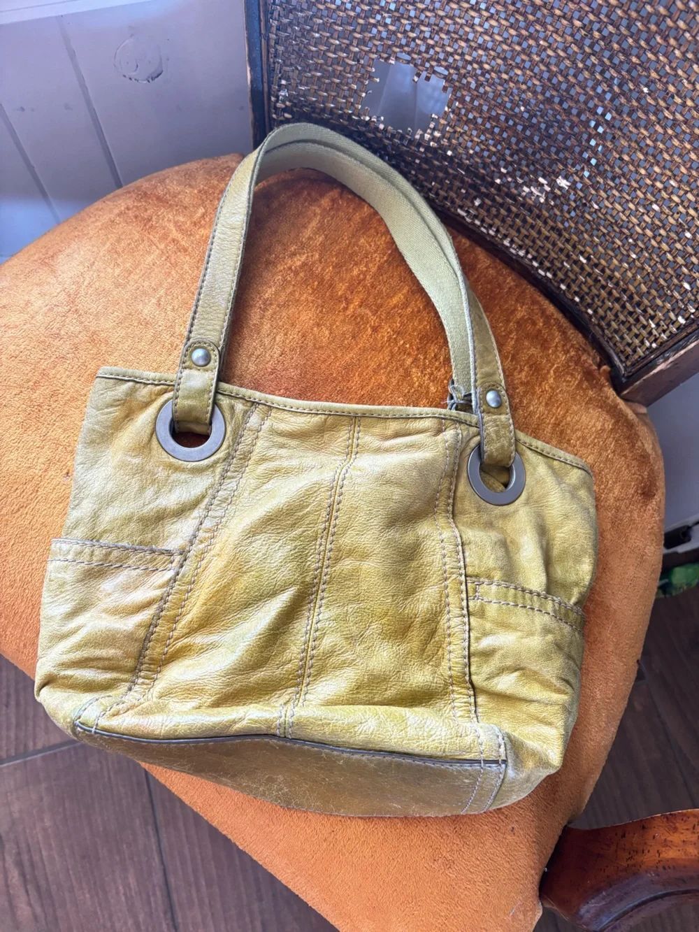 Fossil Long Live Vintage Mustard Yellow Leather Shoulder Tote Bag w/ Key Charm